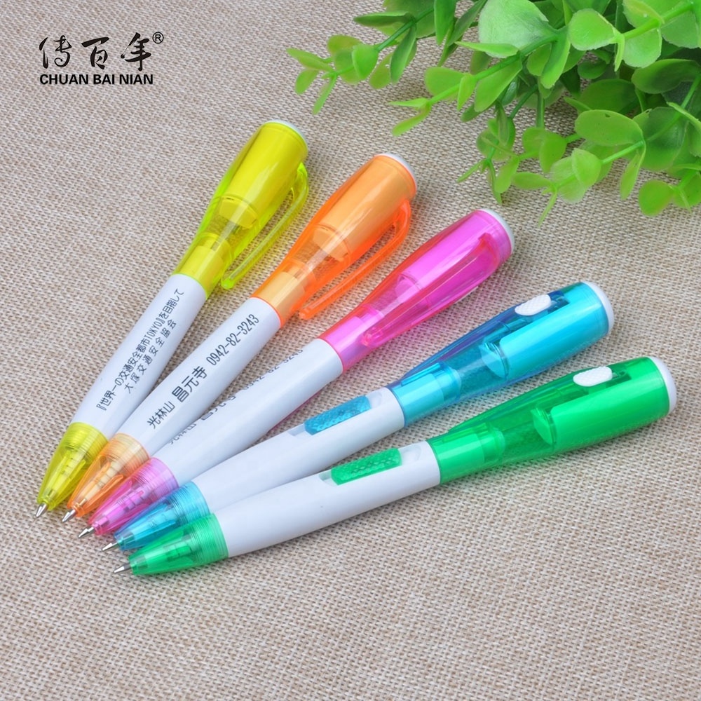 Hot Selling Cheap Multicolor Flashlight Pen Plastic Led Light Ball Pen with Custom Logo