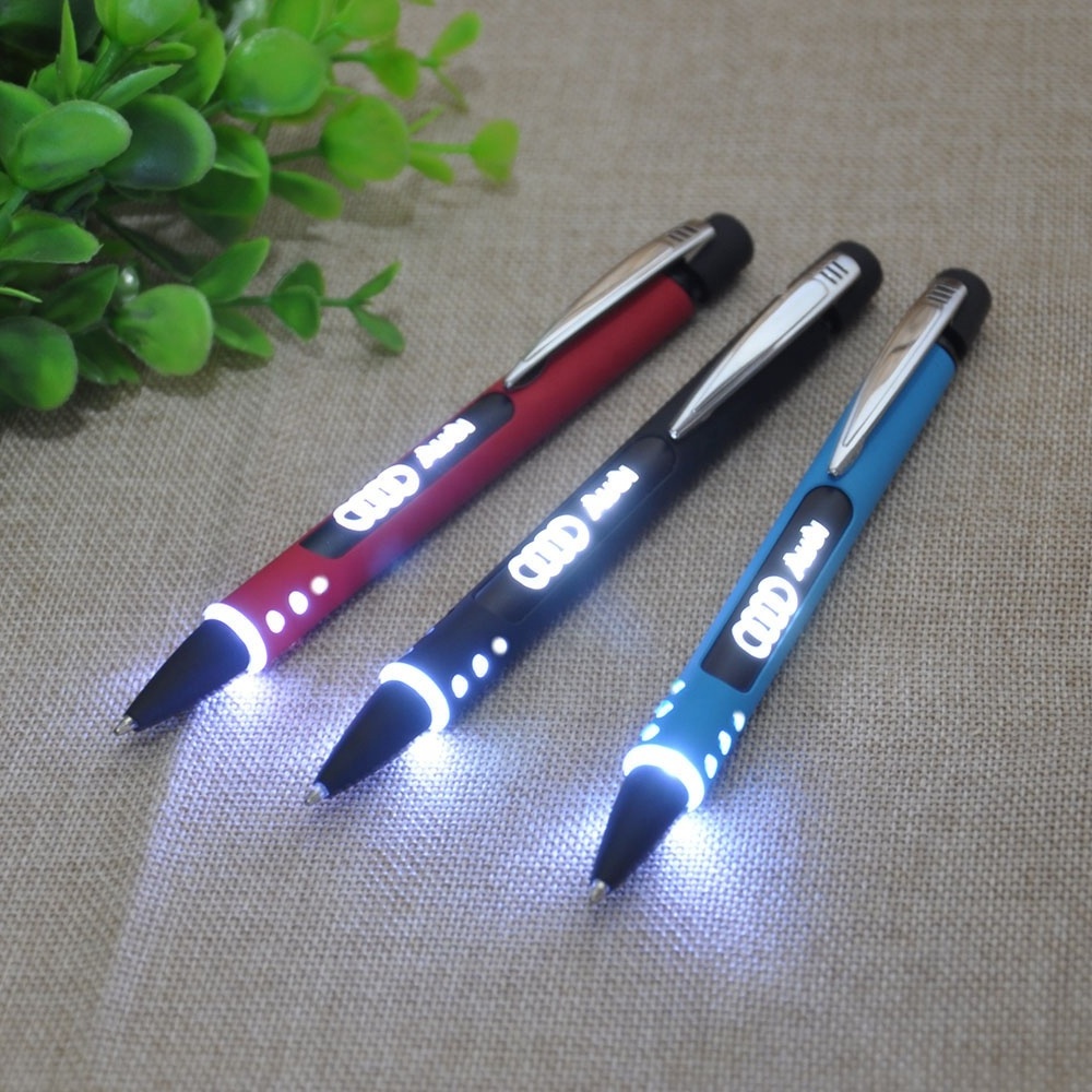 Hot Selling Rubber Coated Led Light Ballpoint Pen with Engraved Logo