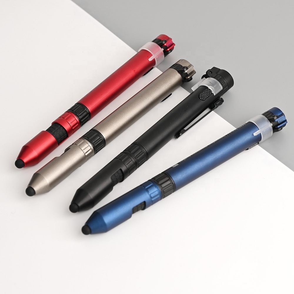 Novelty Custom 6 in 1 Multifunction Tool Ballpoint Pen with Compass Screwdriver Torch Stylus Mobile Phone Holder