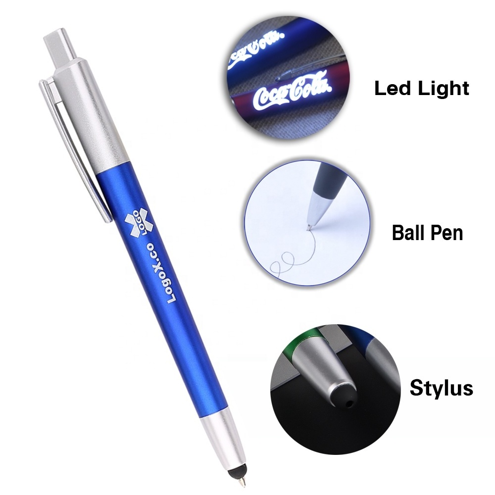 High Quality Promotional 3 in 1 Stylus Ballpoint Pen Custom Laser Light Up Logo LED Light Pen for Gift