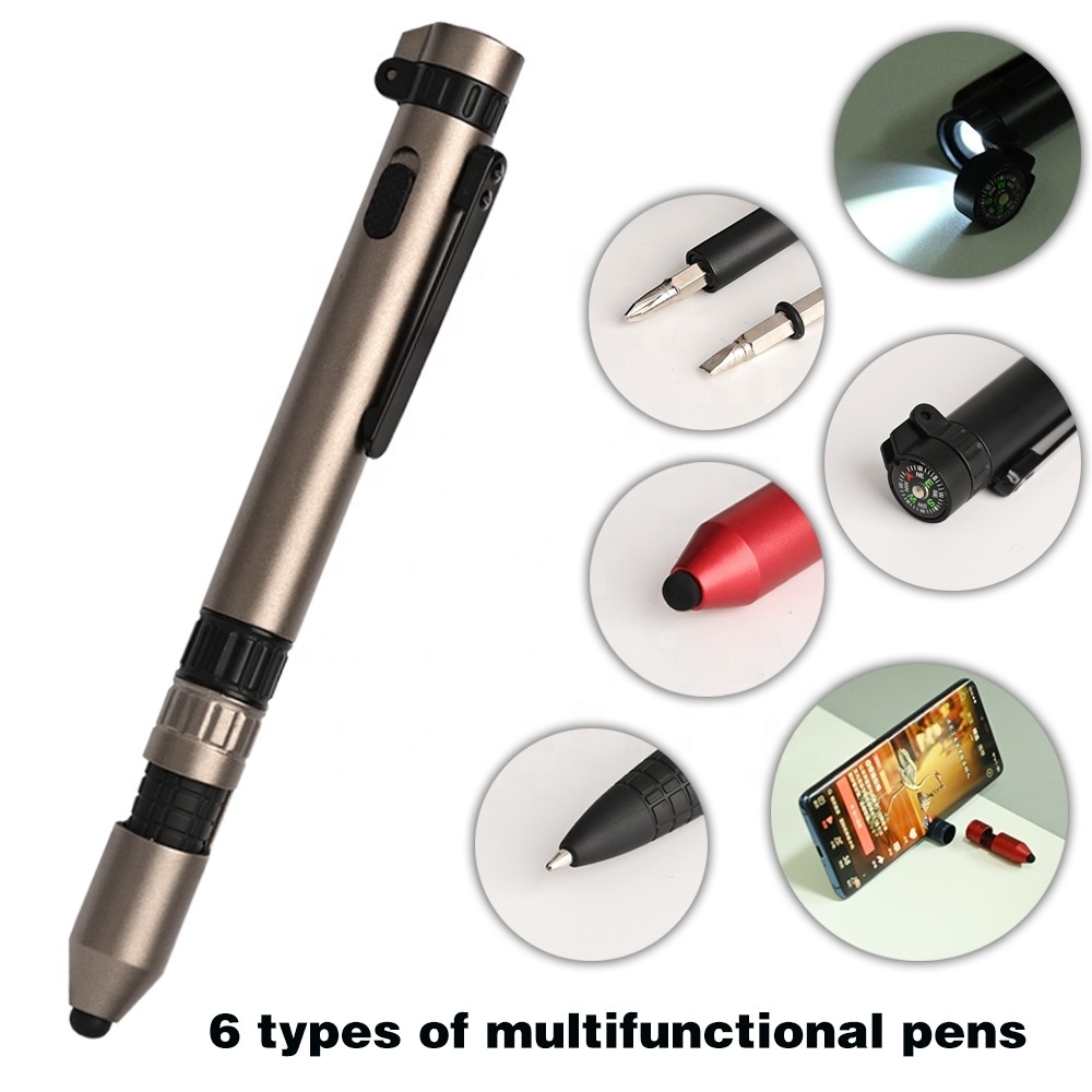 Novelty Custom 6 in 1 Multifunction Tool Ballpoint Pen with Compass Screwdriver Torch Stylus Mobile Phone Holder