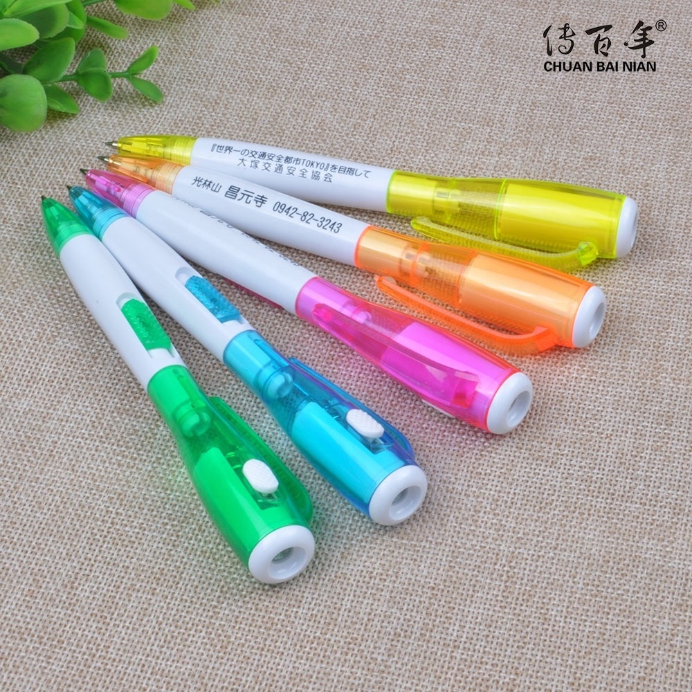 Hot Selling Cheap Multicolor Flashlight Pen Plastic Led Light Ball Pen with Custom Logo