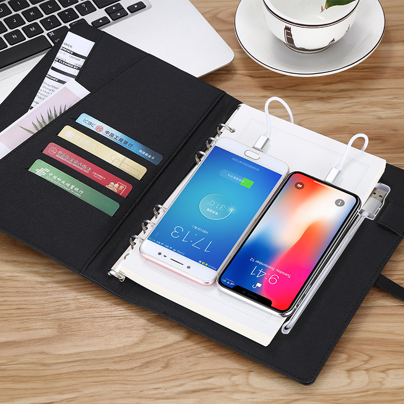 2023 New design custom LED light logo A5 size  8000mah wireless charger power bank diary notebook with USB