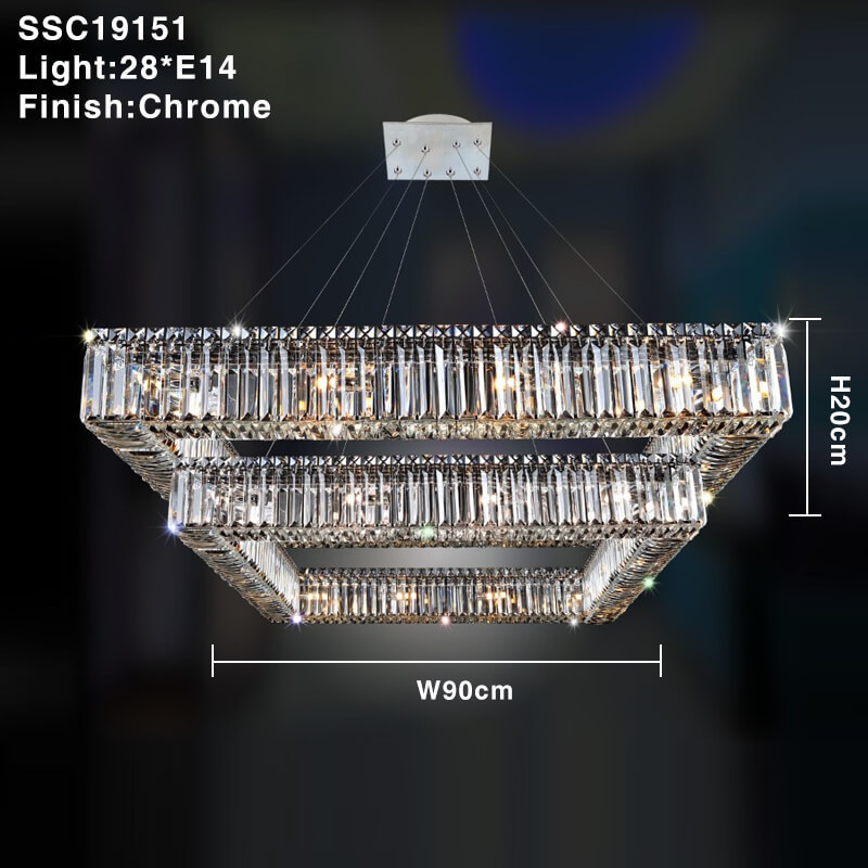 Square luxury chrome low ceiling crystal chandelier for dining room living room