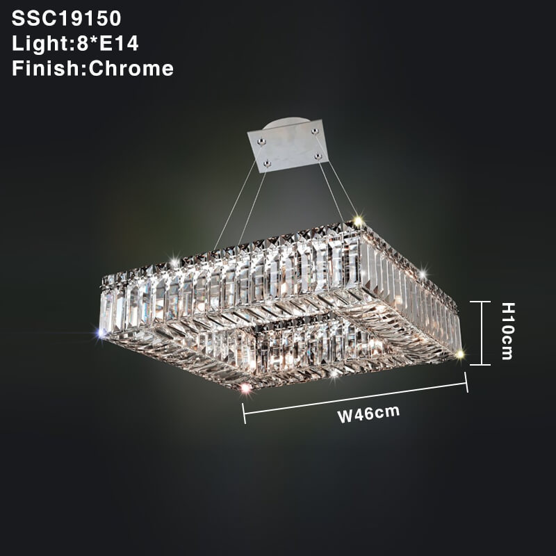 Square luxury chrome low ceiling crystal chandelier for dining room living room