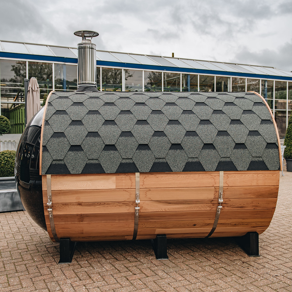 Traditional 6 Person red cedar wood barrel sauna room with wood burning stove heater and stone