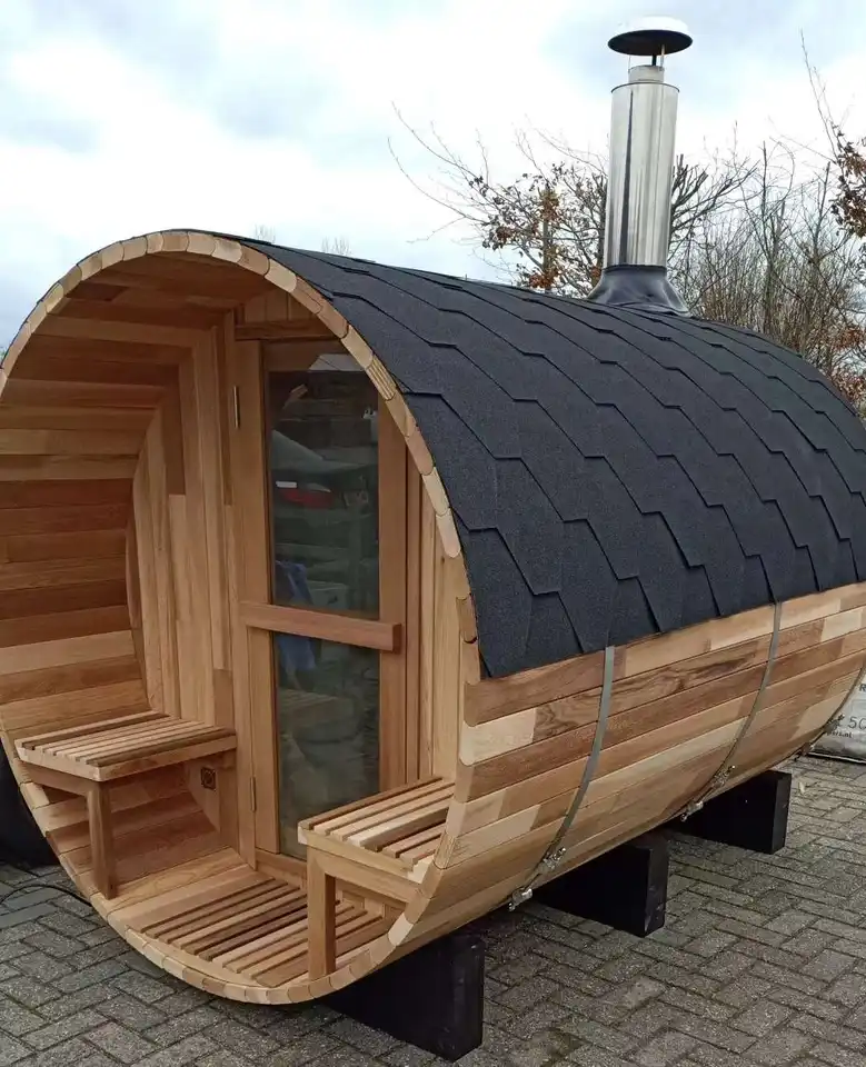 Traditional Finnish Pine /Red Cedar Outdoor Barrel Sauna Room with Full Tempered Glass Door