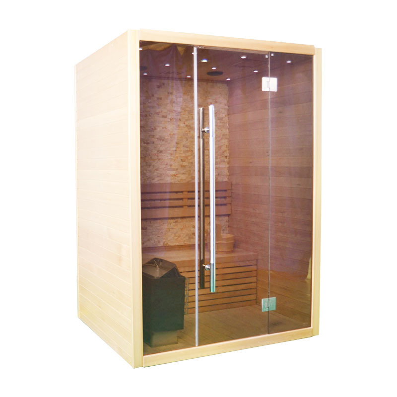 Hot sale solid wooden hemlock 2 person wet steam sauna room with tempered glass door