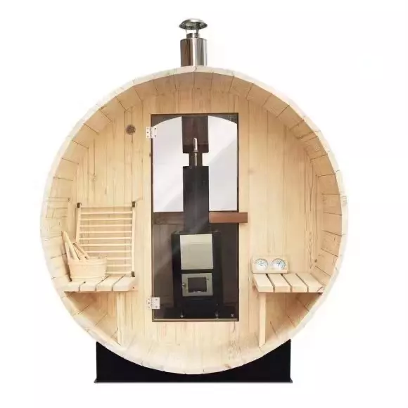 Traditional 6 Person red cedar wood barrel sauna room with wood burning stove heater and stone