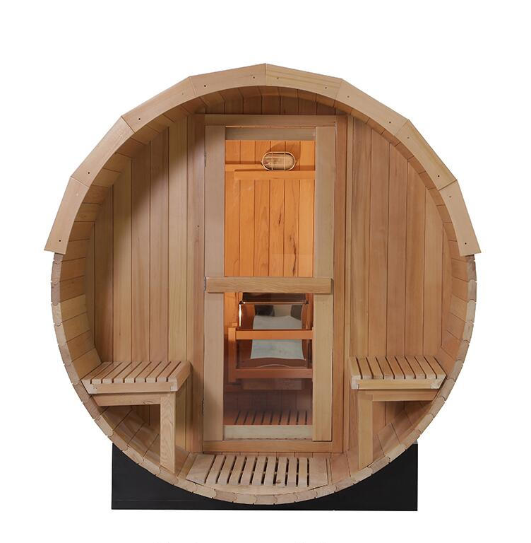 Traditional 6 Person red cedar wood barrel sauna room with wood burning stove heater and stone