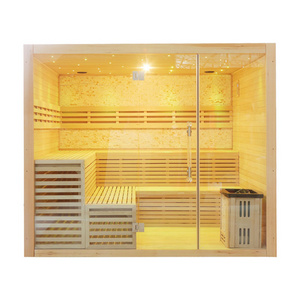 Luxury indoor wooden hemlock traditional 6 person wet steam sauna room with 6kw stove heater