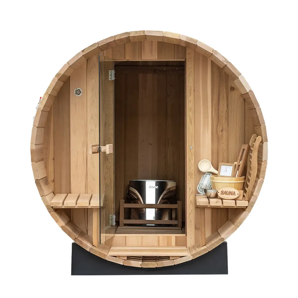 Outdoor Wood Burning 6 Person Barrel Sauna Room with Panoramic Glass Window