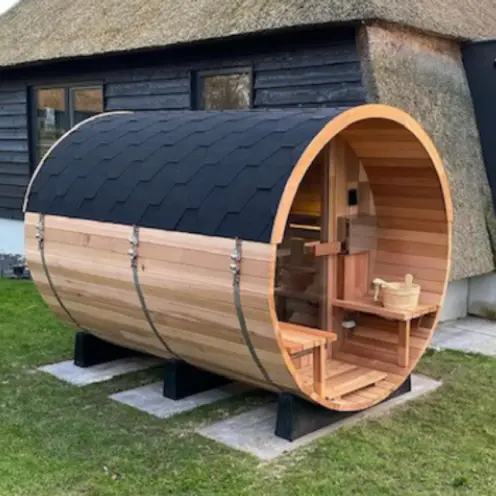 Traditional Finnish Pine /Red Cedar Outdoor Barrel Sauna Room with Full Tempered Glass Door