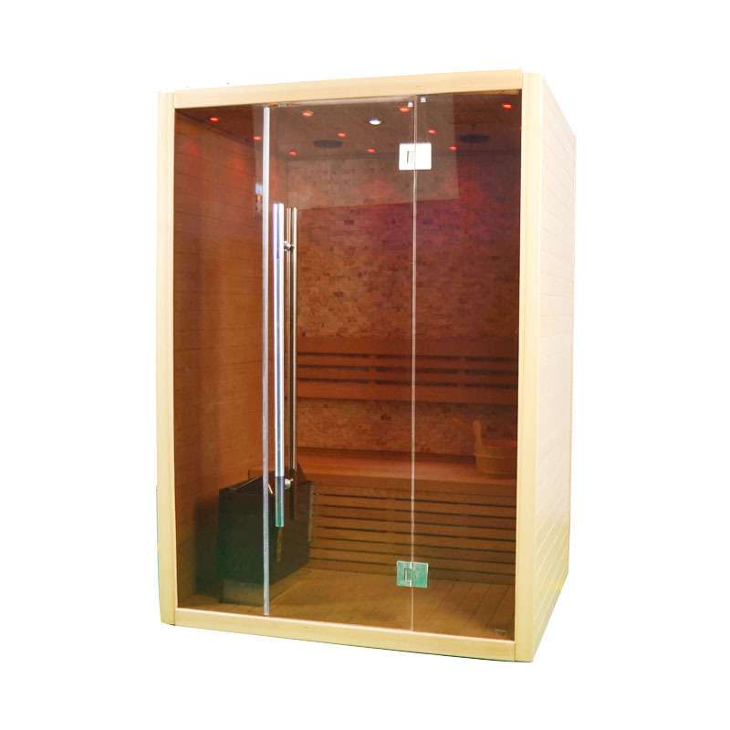 Hot sale solid wooden hemlock 2 person wet steam sauna room with tempered glass door