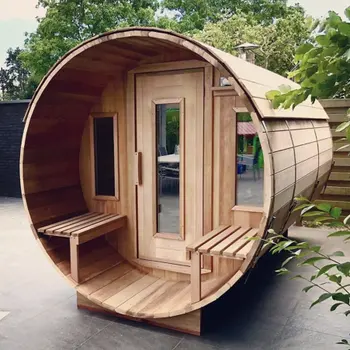 Traditional Finnish Pine /Red Cedar Outdoor Barrel Sauna Room with Full Tempered Glass Door