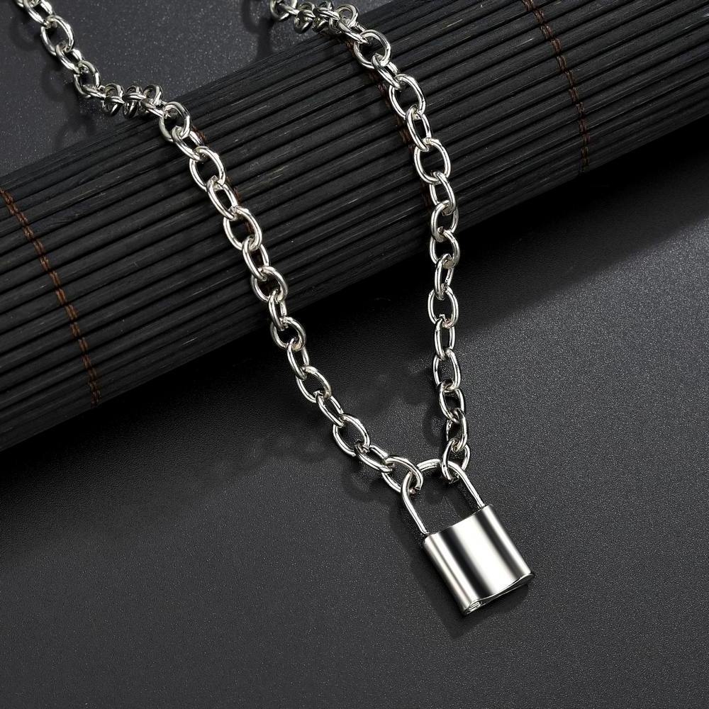 Emo Layer Chain Necklace with Lock Women/men Punk Rock Padlock Pendant Necklace Grunge Goth Jewelry New Hip Hop Simple Vintage