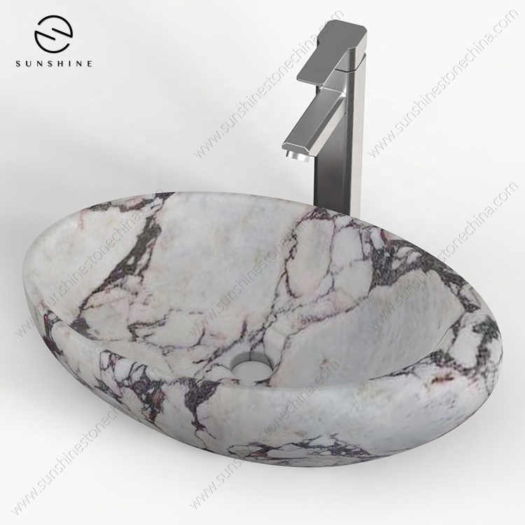 One Piece Stone Calacatta Viola Marble Oval Design Vessel Luxury Hotel Table Top Wash Basin Sink For Bathroom