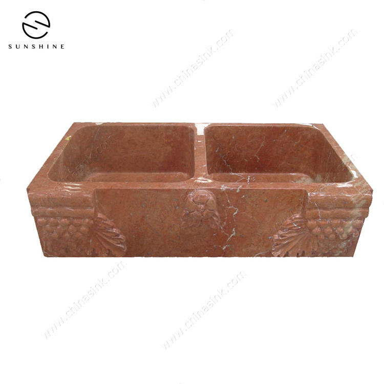 Rojo Alicante Red Marble Stone Double Bowl Carving Apron Kitchen Farm Sink