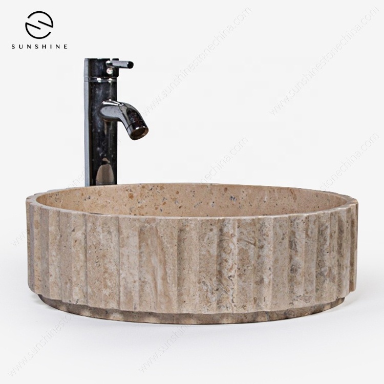 New Design Handmade Bathroom Basin Top Mounted Beige Travertine Round Vanity Sink Vessel