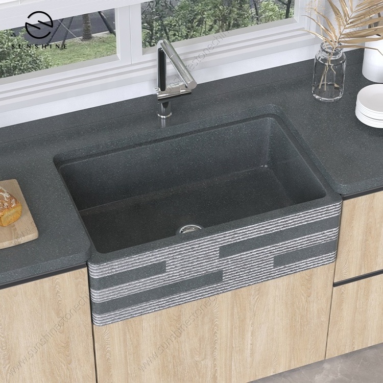 Modern Apron Front Farm House Wash Basin Undermout Hand Made Manufacturer Black Granite Single Bowl Kitchen Sink