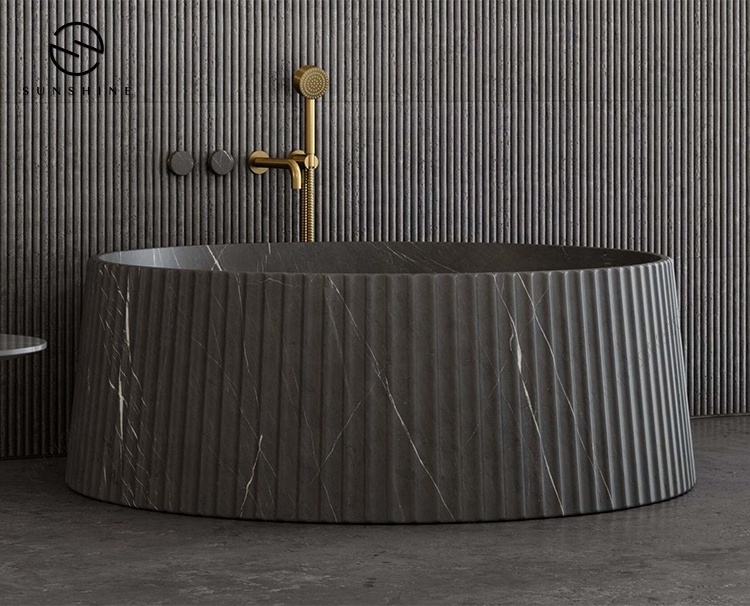 Luxury Design Fluted Black Rock Island Marble Freestanding Bathroom Adult Whirlpool Bathtub For Modern Bathroom