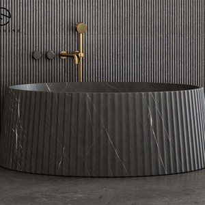 Luxury Design Fluted Black Rock Island Marble Freestanding Bathroom Adult Whirlpool Bathtub For Modern Bathroom