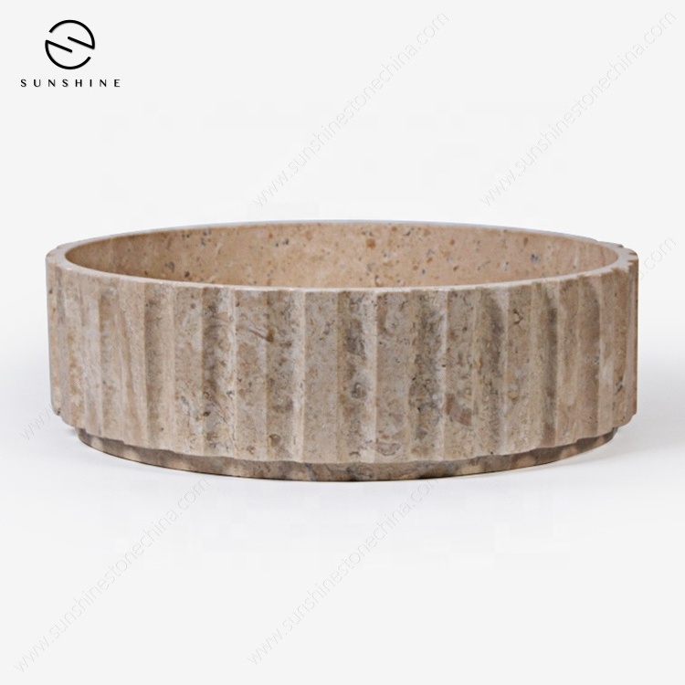 New Design Handmade Bathroom Basin Top Mounted Beige Travertine Round Vanity Sink Vessel