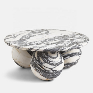 Arabescato Corchia Round Marble Coffee Table 3 Ball Base Soho House Rome Stone Round Modern Low Ball Coffee Table