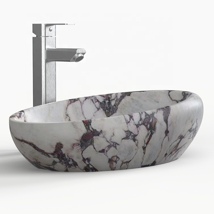 One Piece Stone Calacatta Viola Marble Oval Design Vessel Luxury Hotel Table Top Wash Basin Sink For Bathroom