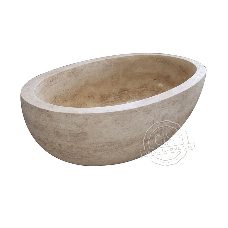 Luxury Hotel Bathroom Genuine Travertine Stone Freestanding Soaking Bathtub For Adults