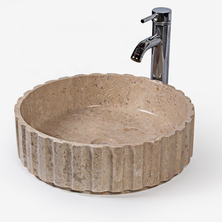 New Design Handmade Bathroom Basin Top Mounted Beige Travertine Round Vanity Sink Vessel