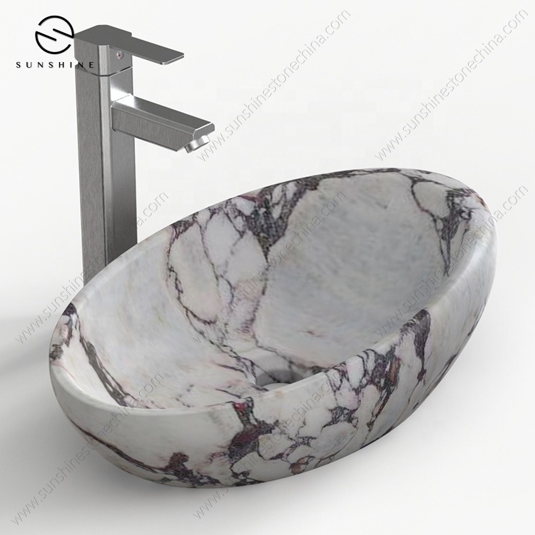 One Piece Stone Calacatta Viola Marble Oval Design Vessel Luxury Hotel Table Top Wash Basin Sink For Bathroom