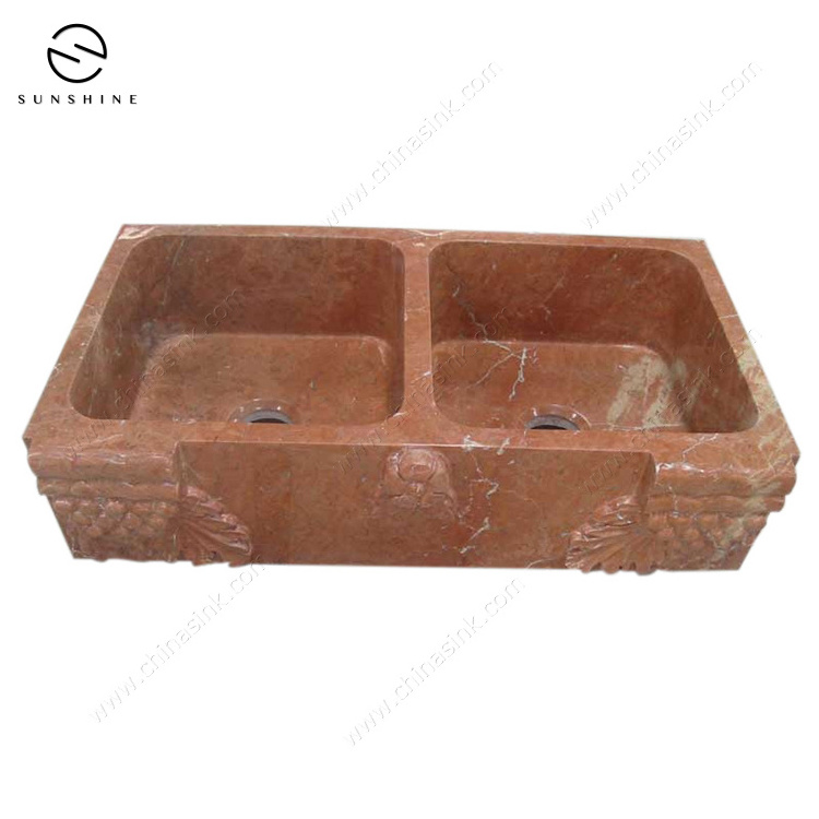 Rojo Alicante Red Marble Stone Double Bowl Carving Apron Kitchen Farm Sink