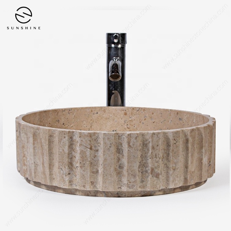 New Design Handmade Bathroom Basin Top Mounted Beige Travertine Round Vanity Sink Vessel