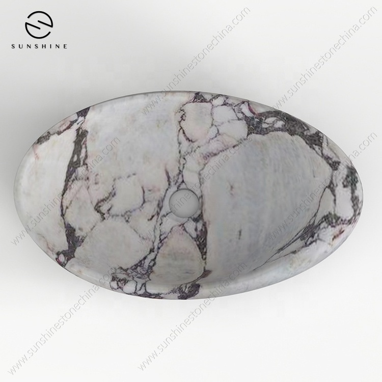 One Piece Stone Calacatta Viola Marble Oval Design Vessel Luxury Hotel Table Top Wash Basin Sink For Bathroom