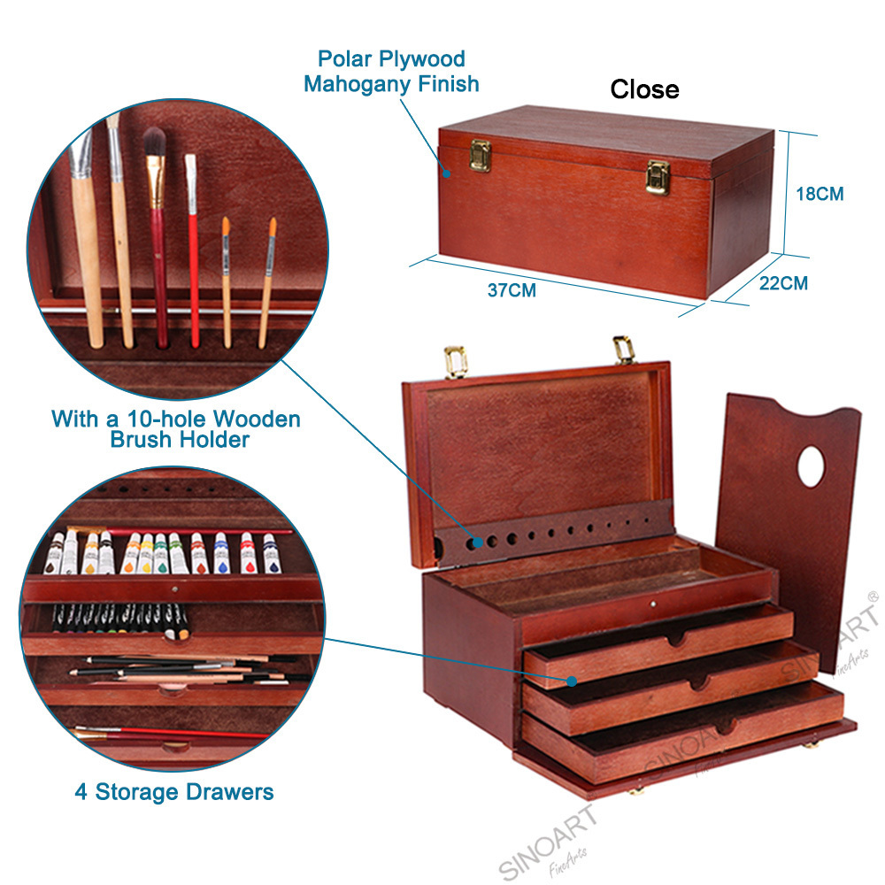 SINOART Deluxe Multi-Drawer art wooden box mahogany finish Wooden Box with brush holder for Store brushes, knives, and paints