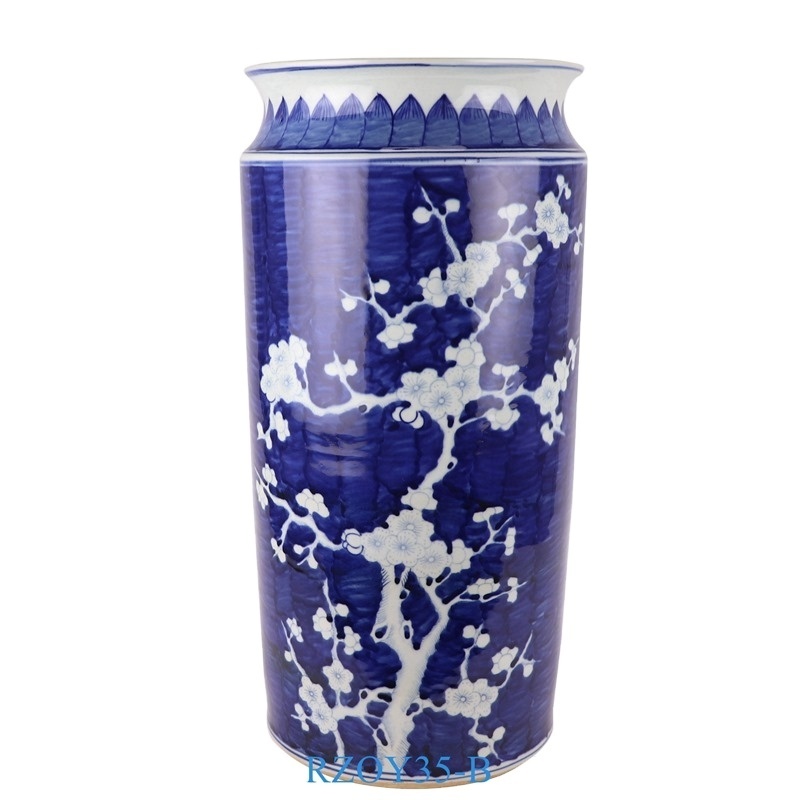 RZOY35-B Dark blue glazed white plum blossom pattern porcelain umbrella stand holder