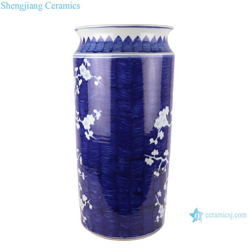 RZOY35-B Dark blue glazed white plum blossom pattern porcelain umbrella stand holder