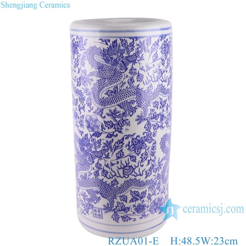 RZUA01 Antique Blue and White Porcelain Twisted Flower Dragon Design Ceramic Umbrella stand Holder