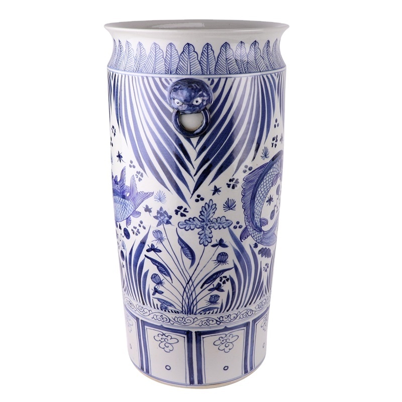 RZFH38-A Antique Porcelain Blue and white algal pattern Ceramic Umbrella stand Big Vase with Lion head