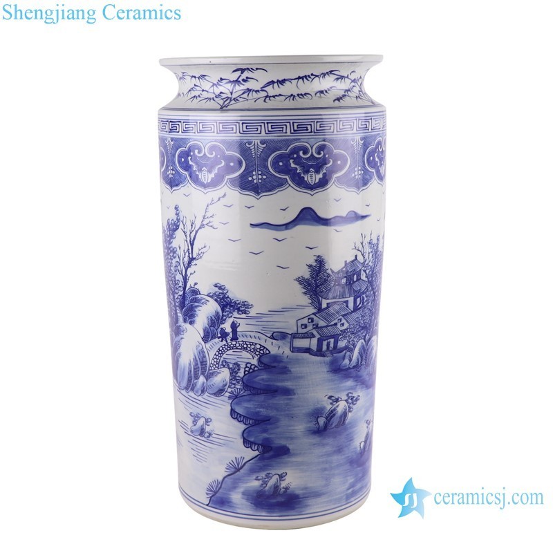 RZKJ12 Blue and White Porcelain Round Straight cylinder Landscape Ceramic Umbrella Stand Holder Flower Vase