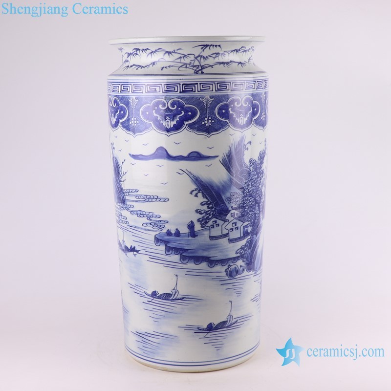 RZKJ12 Blue and White Porcelain Round Straight cylinder Landscape Ceramic Umbrella Stand Holder Flower Vase