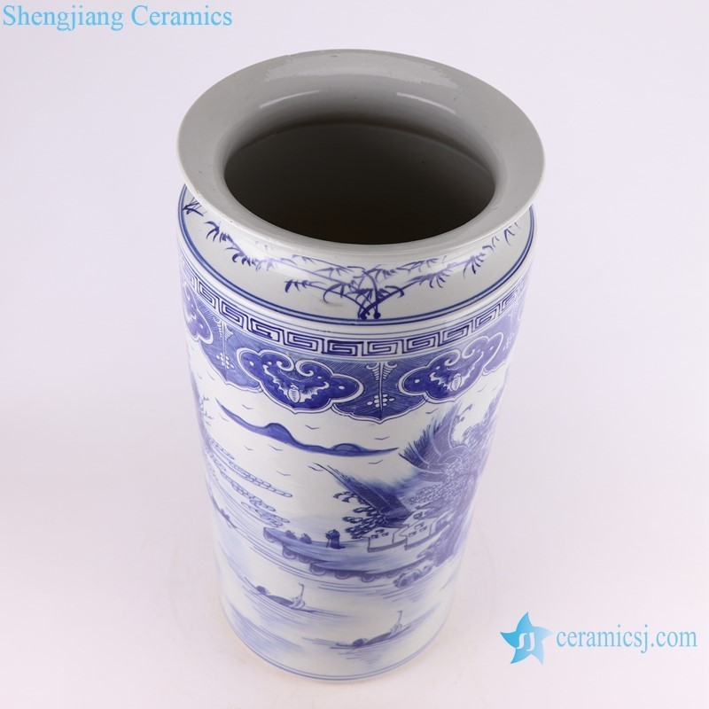 RZKJ12 Blue and White Porcelain Round Straight cylinder Landscape Ceramic Umbrella Stand Holder Flower Vase