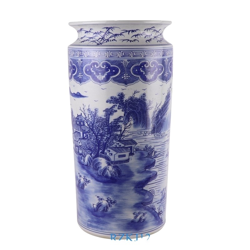 RZKJ12 Blue and White Porcelain Round Straight cylinder Landscape Ceramic Umbrella Stand Holder Flower Vase