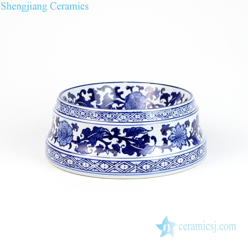 RYPU53 Blue and white floral ceramic pet food bowl