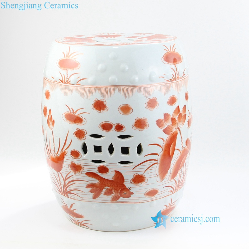 RZIS02-C Red color fish and lotus pond pattern Jingdezhen China porcelain stool for garden