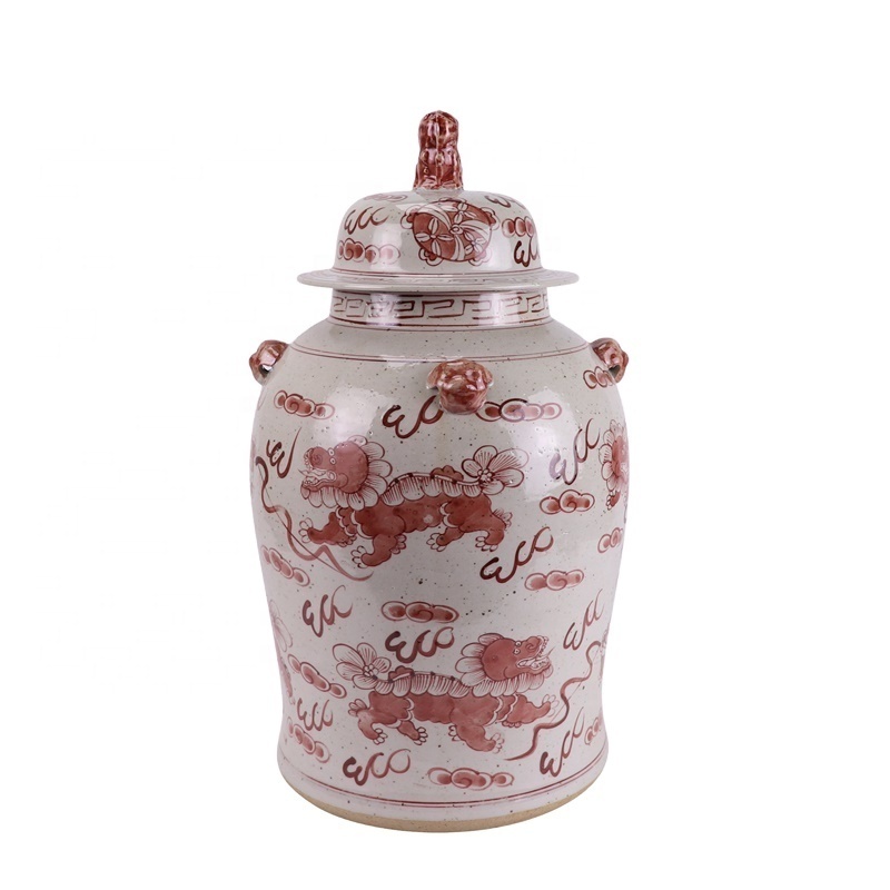 RXBN06-B-S high quality hand painted underglazed red animal lion pattern medium size porcelain temple jar