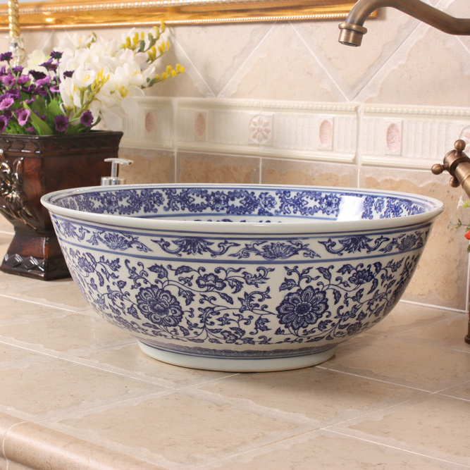 RYXW608  Blu and white floral round ceramic sink