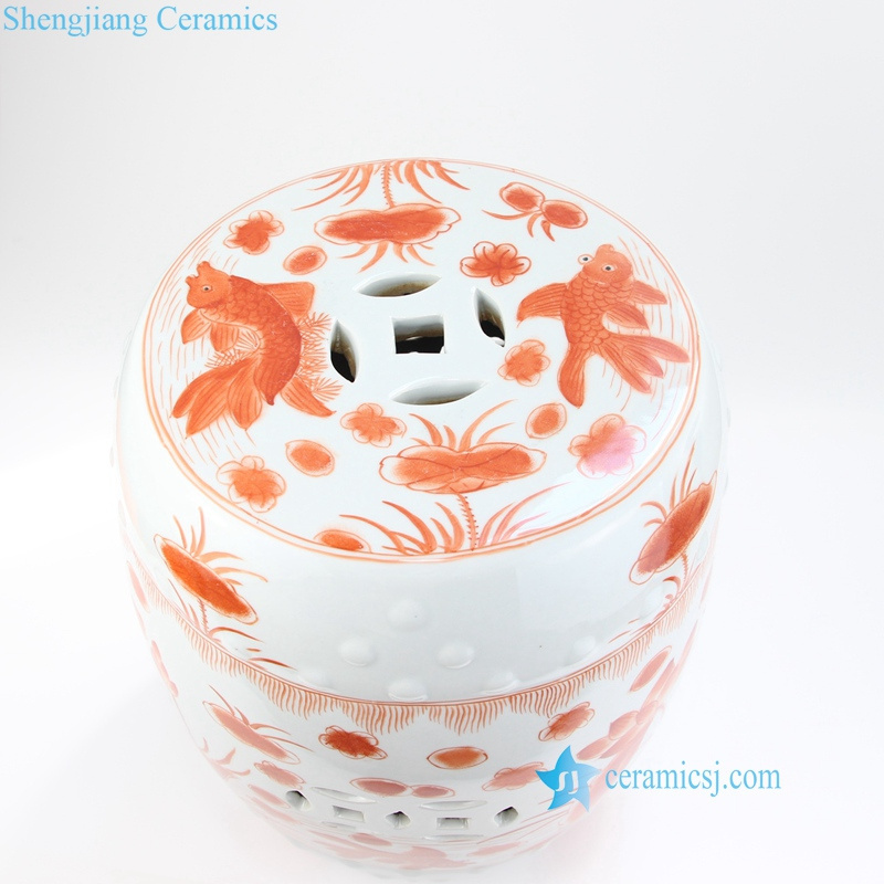 RZIS02-C Red color fish and lotus pond pattern Jingdezhen China porcelain stool for garden