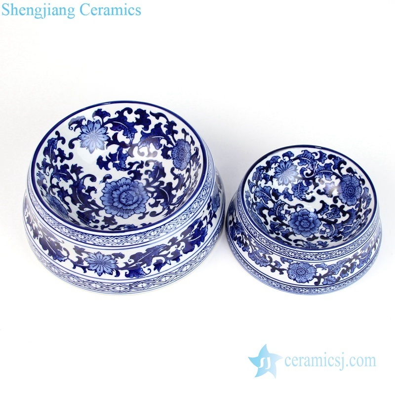 RYPU53 Blue and white floral ceramic pet food bowl